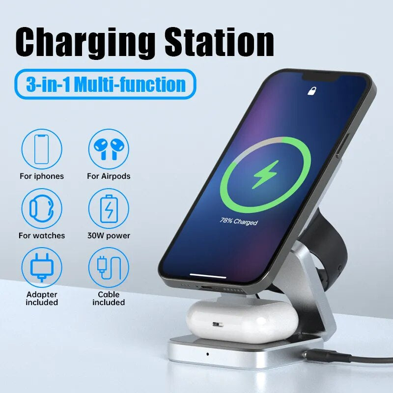 3 in 1 Foldable Magnetic Wireless Charger Stand for Iphone 15, 14, 13 Pro/Max/Plus, Airpods 3/2 Station Dock Fast Charger Holder