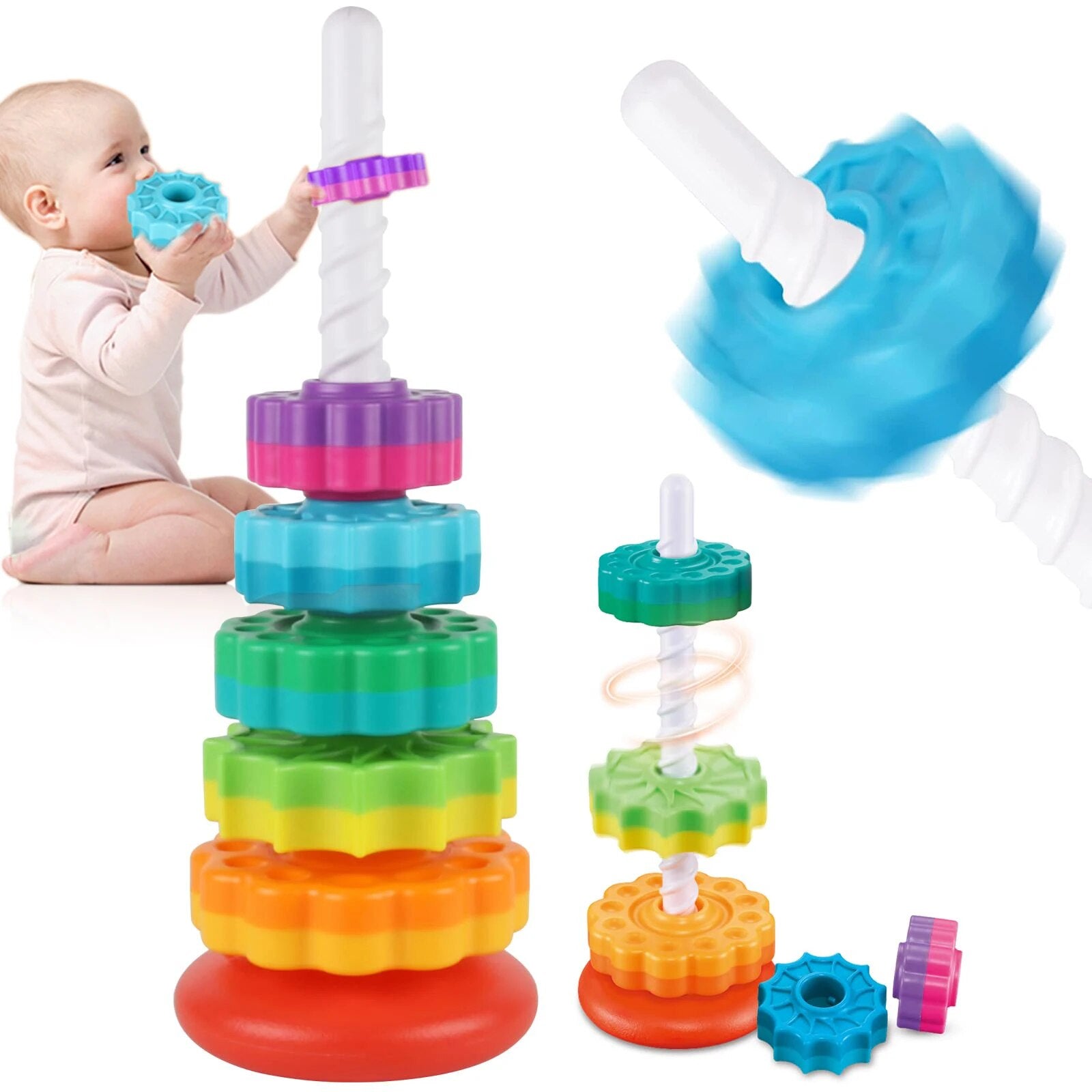 New Rotating Rainbow Tower Baby Stacking Puzzle Toys Safety and Environmental Protection Colored Children'S Toys