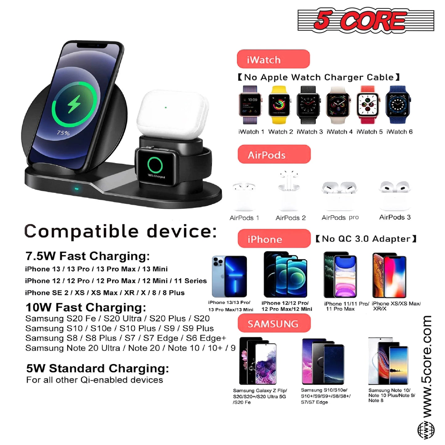 5 Core Wireless Charging Station Black 3 in 1 Wireless Charger Stand QI Fast Wireless Charging W Dual Coil for Samsung Iphone 15 14 13 12 11Pro Max XR XS 8 Plus, for Apple Watch 8 7 6 5 4 3 2 SE, for Airpods 3 2 Pro- WCR 3