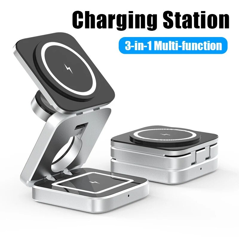 3 in 1 Foldable Magnetic Wireless Charger Stand for Iphone 15, 14, 13 Pro/Max/Plus, Airpods 3/2 Station Dock Fast Charger Holder