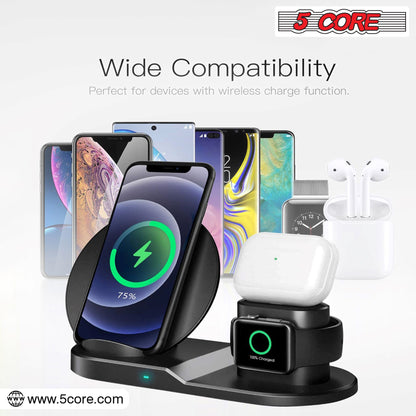 5 Core Wireless Charging Station Black 3 in 1 Wireless Charger Stand QI Fast Wireless Charging W Dual Coil for Samsung Iphone 15 14 13 12 11Pro Max XR XS 8 Plus, for Apple Watch 8 7 6 5 4 3 2 SE, for Airpods 3 2 Pro- WCR 3