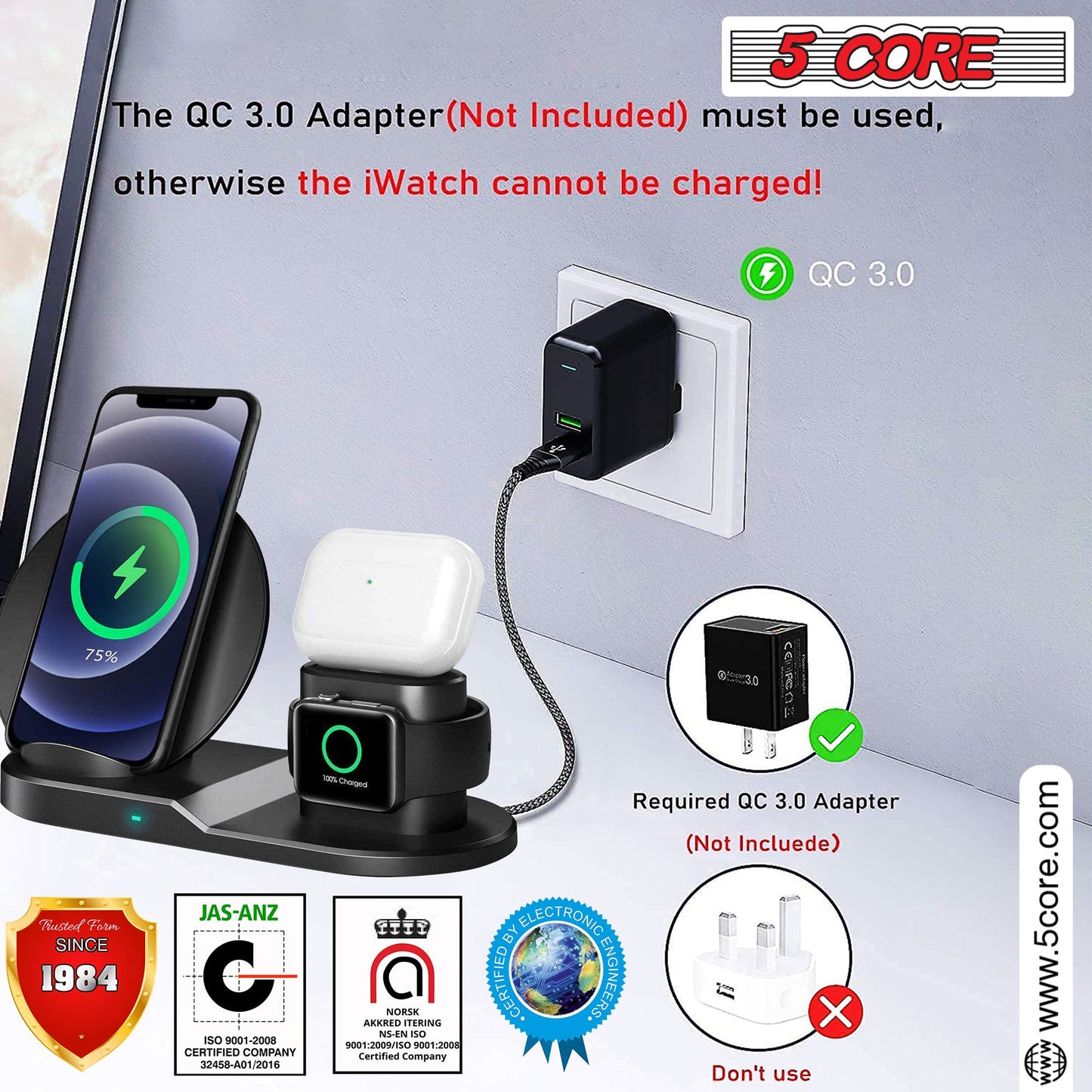 5 Core Wireless Charging Station Black 3 in 1 Wireless Charger Stand QI Fast Wireless Charging W Dual Coil for Samsung Iphone 15 14 13 12 11Pro Max XR XS 8 Plus, for Apple Watch 8 7 6 5 4 3 2 SE, for Airpods 3 2 Pro- WCR 3