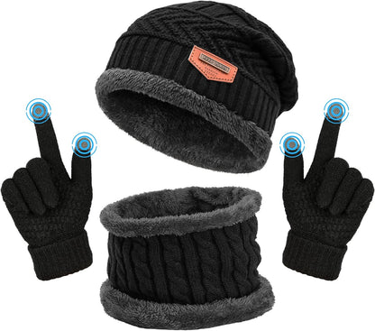 Winter Hat Scarf Gloves Set, Fleece Lined Slouchy Beanie Snow Knit Skull Cap Touchscreen Mittens Circle Scarves for Men Women