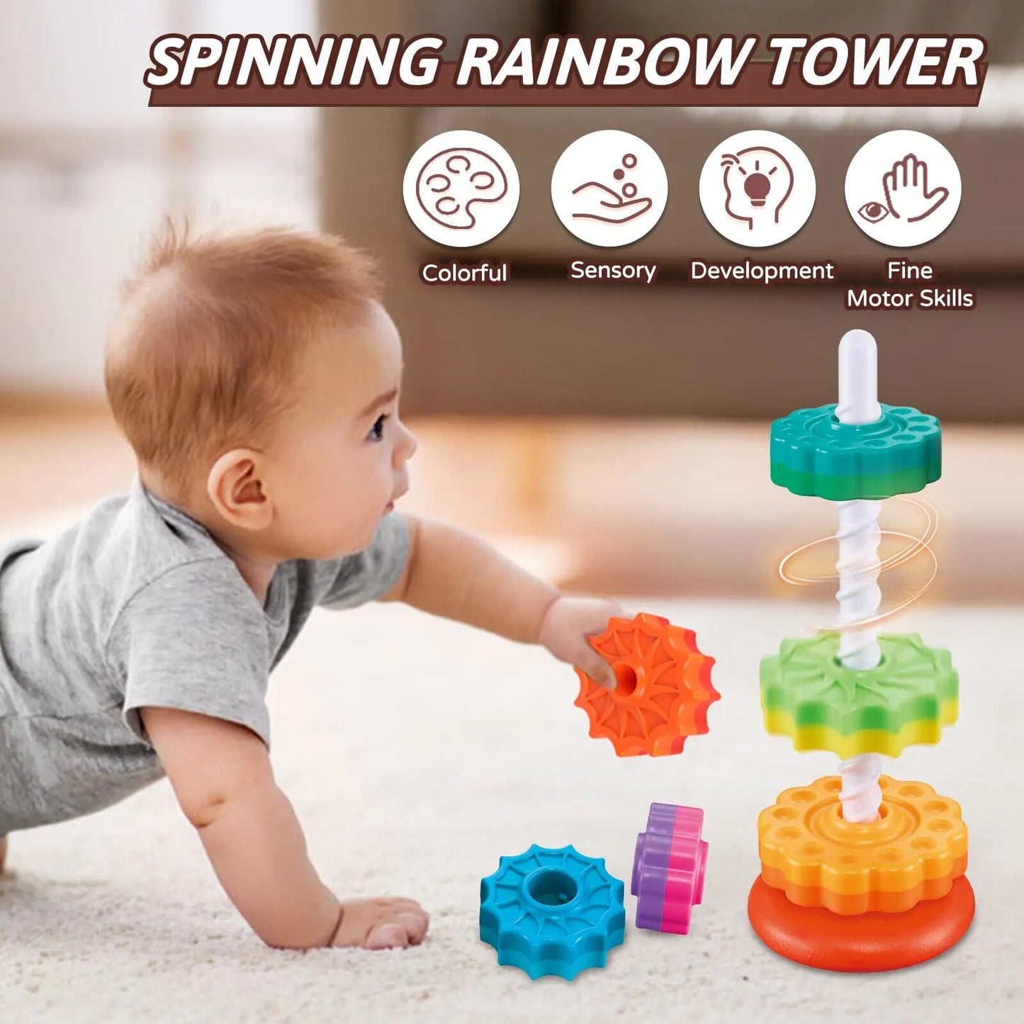 New Rotating Rainbow Tower Baby Stacking Puzzle Toys Safety and Environmental Protection Colored Children'S Toys